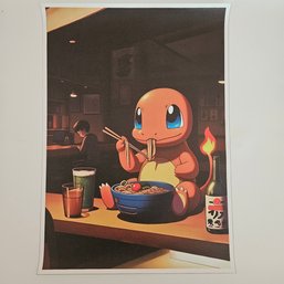 Happy Charmander Eating Noodles Pokemon Poster