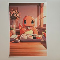 Happy Charmander Eating Sushi Pokemon Poster