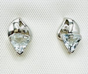 14KT White Gold  Pair Of Natural Diamond And Aquamarine Stud Earrings -J11659