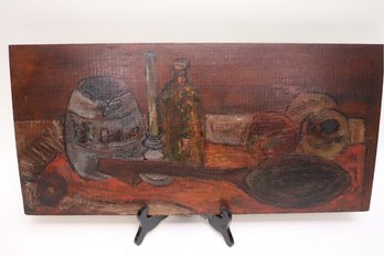 Vtg Still Life Oil On A Piece Of Wooden Board Unrecognized Signature