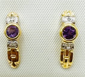 14KT Yellow Gold  Pair Of Natural Diamond And Amethyst Earrings - J11650