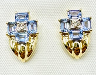 14KT Yellow Gold  Pair Of Natural Diamond And Tanzanite Earrings -J11658