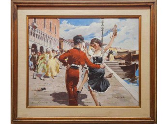 VIntage Vizkelety Oil On Canvas 'Dancing By The Harbor'