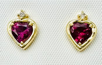 14KT Yellow Gold Pair Of Natural Diamond And Garnet Stud Earrings - J11655