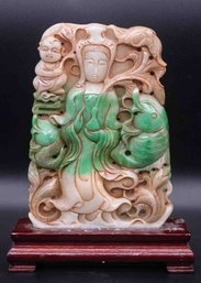 Old Hand Carved Jade Bodhisattva And Koi Fishes Sculpture