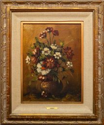 Vintage Still Life Oil On Canvas 'Flowers In Vase'