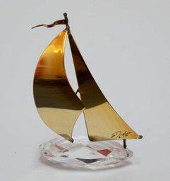 Vintage Modernist Crystal And Brass Sail Boat Figure