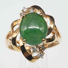14k Gold And Diamond Cabochon Icy Jadeite Ring