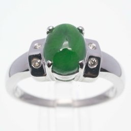 14K White Gold And Diamond Cabochon Icy Jadeite Ring