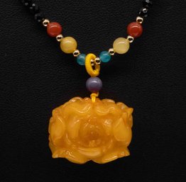 Old Carved Amber Flower Pendant With Black Quartz Necklace