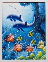 Decorative Oil On Canvas 'Dolphins Under The Sea'