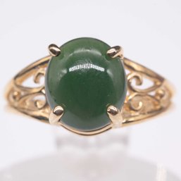 14K Gold Cabochon Green Jadeite Ring