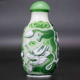 Old Chinese Qian Long Marked Peking Glass Dragon And Phoenix Snuff Bottle