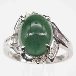 14K White Gold Diamond And Green Jadeite Ring