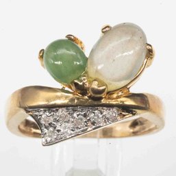 14K Gold Diamond Green And White Jadeite Ring