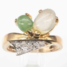 14K Gold Diamond Green And White Jadeite Ring