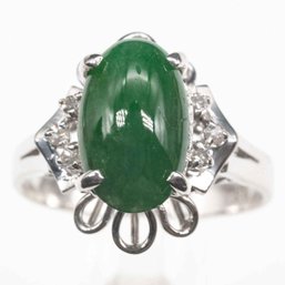 10K White Gold Diamond And Cabochon Jadeite Ring