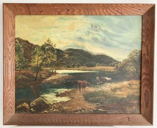 Antique Countryside Cows In River Oil Signed By Rita Blinderman