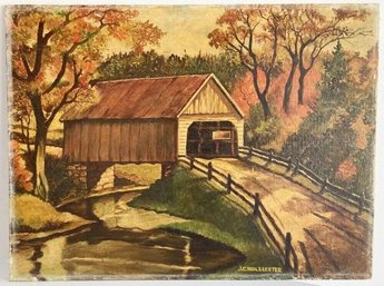 Vintage Oil-Cottage In Autumn Forest Signed By J. C. HOLZLEETER