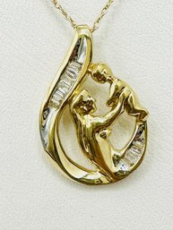 14KT Yellow Gold  Natural Diamond Mother And Child Pendant With Chain 11 Pcs Baguette Diamond # 2007