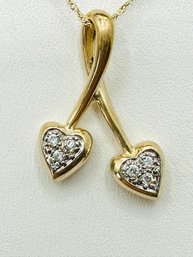 14KT Yellow Gold  Natural Diamond Double Heart Pendant And Chain 6 Pcs Diamond # 2012