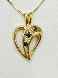 14KT Yellow Gold  Natural Diamond And Sapphire Heart Pendant And Chain # 2013