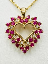 14KT Yellow Gold  Natural Diamond And Ruby Heart Pendant And Chain # 2014