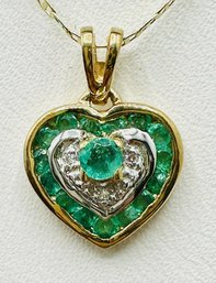 14KT Yellow Gold  Natural Diamond And Emerald Heart Pendant  With Chain # 2016