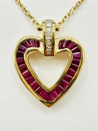 14KT Yellow Gold  Natural Diamond And Ruby Heart Pendant And Chain # 2015