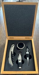 Set Wine Bottle Corkscrew And Accessories In A Natural Wood Box.