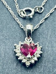 14Kt White Gold Natural Diamond And Ruby Heart Pendant Necklace