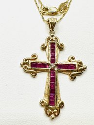 14KT Yellow Gold Ruby & Diamond Cross Pendant With Chian