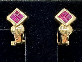 14KT Yellow Gold With Princess Cut Ruby  With Heart Earrings - J11121