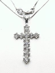 14KT White Gold With Natural Diamond Cross Pendant And 18' Box Chain Necklace - J11148