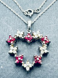 14KT White Gold Natural Diamond And Ruby Heart Pendant And 18' Chain - J11153