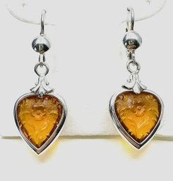 14KT White Gold * Pair Of Italian Hanging Earrings With Yellow Heart Stone - J11172