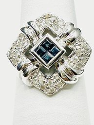 14KT White Gold Natural Diamond And Sapphire Ring Size 6.5 - J11179