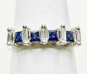 18KT White Gold Natural Diamond Sapphire Pricness Cut Ring Size 7 - J11180