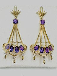 14KT Yellow Gold Amethyst Drop Earrings With Diamonds - J11241