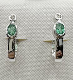 18KT White Gold Natural Diamond And Oval Emerald Earrings - J11243