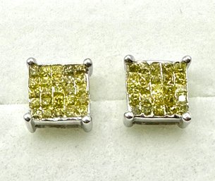 14KT White Gold Pair Of Princess Cut Yellow Diamond Square Earrings - J11268