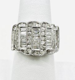 14K White Gold Diamond Cocktail Ring With Round & Baguette Diamonds Ring Size 7 Wide Band