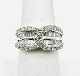 14K White Gold Diamond Cocktail Ring With Round & Baguette Diamonds Ring Size 7.5