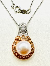 14KT White And Pink Gold, Cultured Freshwater Color Pearl Pendant Necklace - J11323