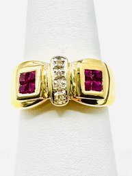 14KT Yellow Gold Princess Cut Ruby And Diamond Ring Size 7 - J11345