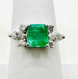 14KT White Gold Emerald And Diamond Ring Size 6.5 - J11351