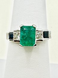 14KT White Gold Emerald Sapphire And Diamond Ring Size 6.75 - J11355