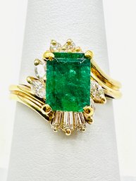 14KT Yellow Gold Emerald And Diamond Ring Size 6 - J11356