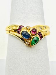 14KT Yellow Gold Emerald Sapphire Ruby And Diamond Ring Size 6 - J11358
