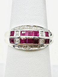 14KT White Gold  Natural Diamond And Ruby Band Ring Size  7 - J11377